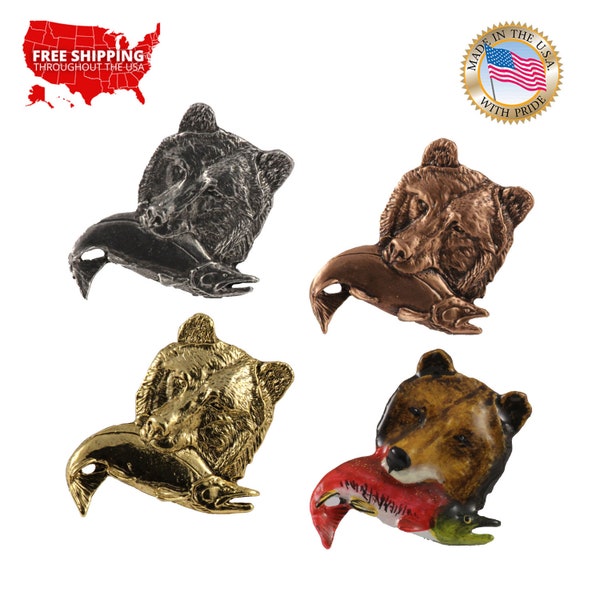 Creative Pewter Designs Grizzly Brown Bear - Salmon Pewter Lapel Pin ou Magnet M037