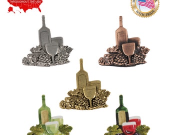 Botella de vino y pin de vidrio, peltre, vino, copa, uvas, viñedo, solapa, sombrero, alfileres, broche, broches, joyas, regalo, hecho a mano en los EE. UU. A225Z