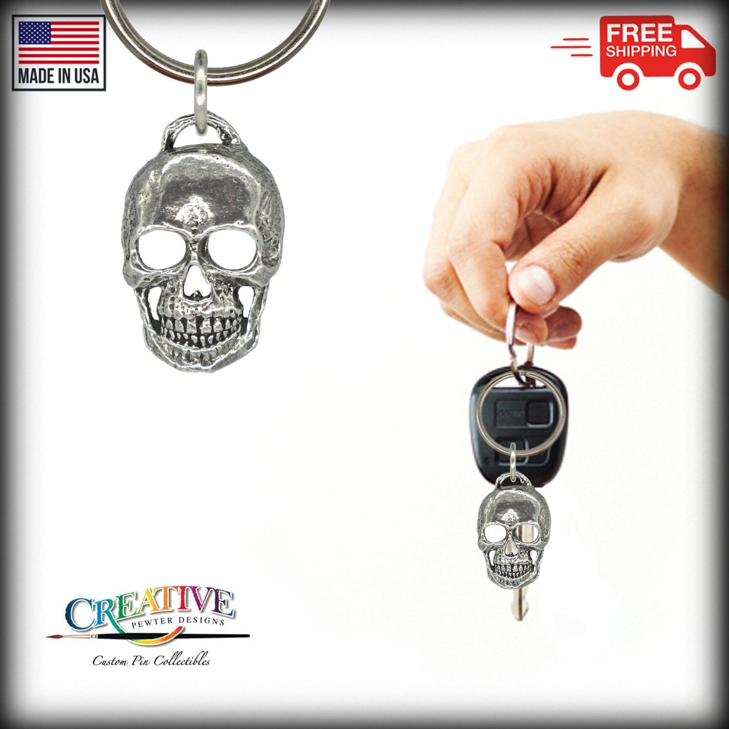 3D Skull Keychain, Full Jaw, G130KC, 1 1/4 Inch, Death, Metal