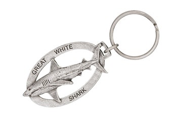 Handgemaakte sleutelhanger met witte haai, metalen sleutelhanger, oceaan cadeau