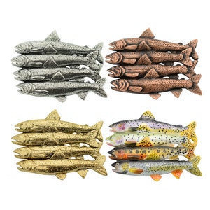 May include: Four different colored metal fish sculptures. The fish are arranged in a stack of four, with the tails of the fish at the top and the heads at the bottom. The fish are all the same size and shape, but they are different colors. The colors are silver, copper, gold, and a colorful painted finish.