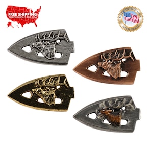 Broadhead com alfinete de cabeça de alce, estanho, alce, caça, lança, lapela, chapéu, alfinetes, broche, broches, joias, presente, feito à mão nos EUA. A082Z