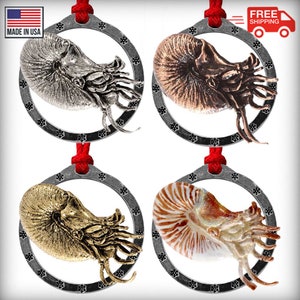 May include: Four silver-tone, round ornaments with a nautilus shell design. Each ornament features a different color nautilus shell: silver, bronze, gold, and a natural shell color. The ornaments are hanging from red cords.