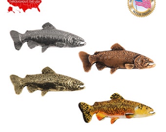 Épingle truite tigrée, F022 étain 2 po. Épinglette de pêche réaliste poisson hybride, broche, bijoux, cadeau, fait main aux États-Unis Designs créatifs en étain