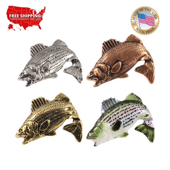 Striped Bass Leaping Fish Pin, Pewter, Lapel, Hat, Pins, Brooch