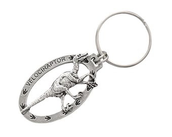 Velociraptor Keychain, A188KC, 2 Inches, Dinosaur, Prehistoric, Cretaceous, Nature, Gift, Metal, Engraved, Made in the USA