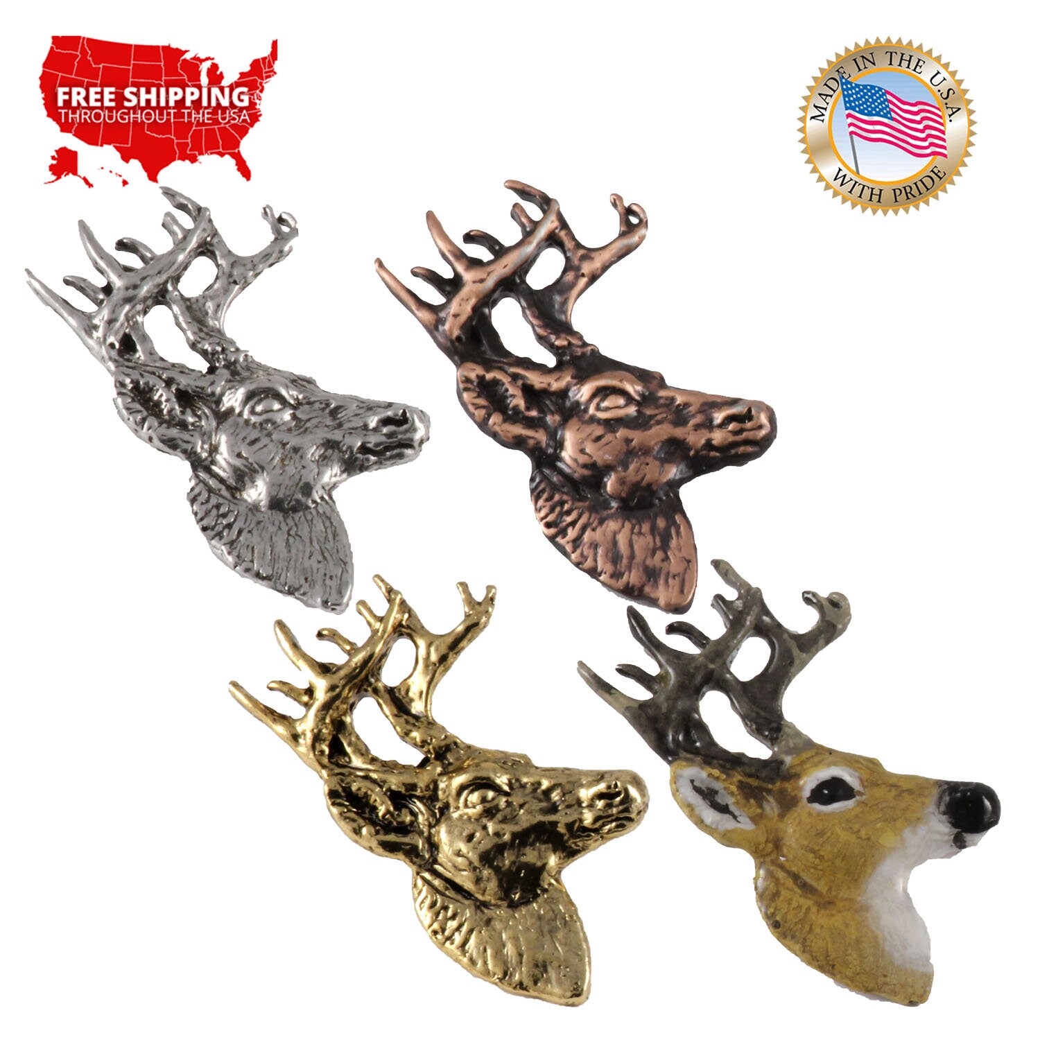 80s USA製　pin head アートレザーケース付き　オブジェ　プロダクト Creative Pewter Designs Whitetail Deer Head Pewter Lapel Pin or