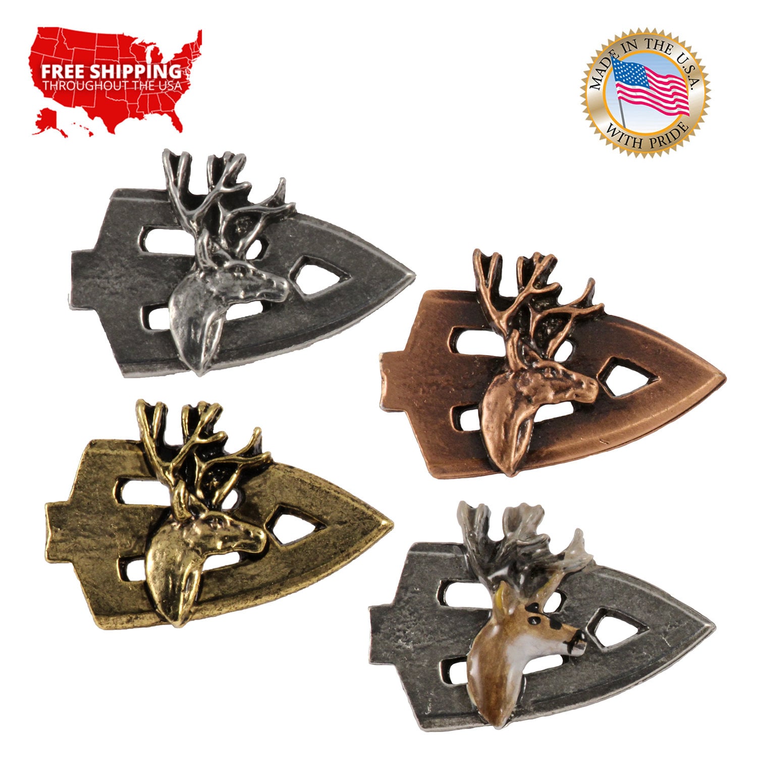 80s USA製　pin head アートレザーケース付き　オブジェ　プロダクト Broadhead With Deer Pin, Pewter, Deer, Hunting, Spear, Lapel, Hat