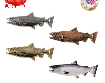 Chinook Salmon Pin, King Salmon, Pewter, Large, Lapel, Brooch, Fishing Jewelry, Gift, Handmade in the USA, 200 Fish Designs Available. F040