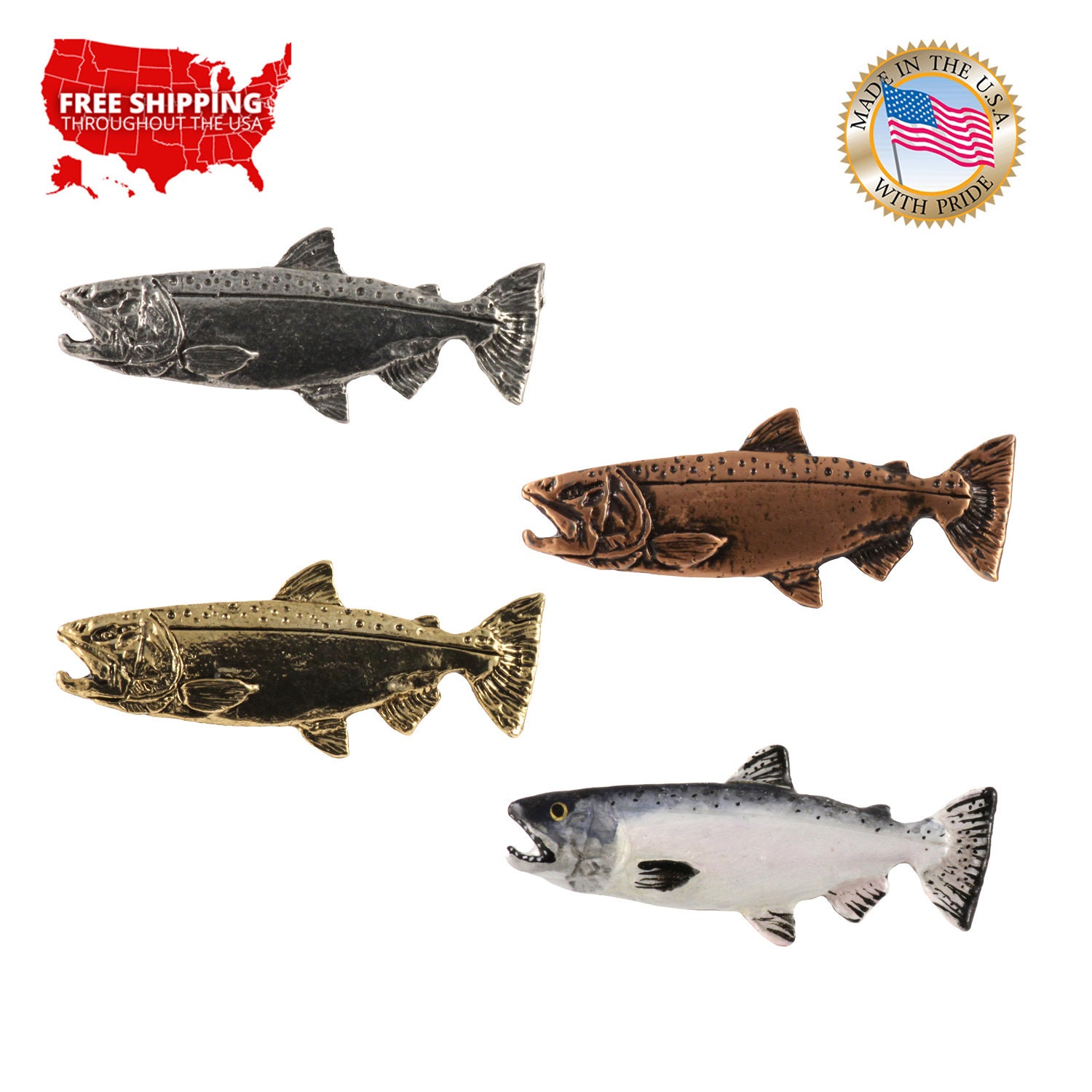 Chinook Salmon, King, Pewter, Small, Lapel, Hat, Pins, Brooch, Jewelry, Gift, Handmade in the USA, 200 Fish Designs Available. F041
