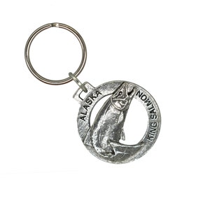 Alaska King Salmon Keychain, Chinook, Leaping, Fish, Fishing, A601KC, Pewter, Backpack, Handmade in the USA