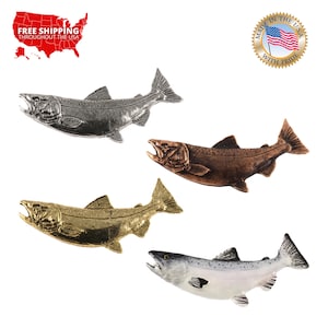 Chinook Salmon, King, Curved, Pin, Pewter, Lapel, Hat, Pins, Brooch, Jewelry, Gift, Handmade in the USA, 200 Fish Designs Available. F042