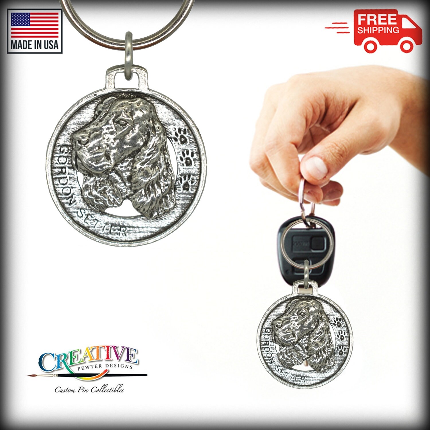 Gorden Setter Keychain, Dog, Pewter, D092KC, 1 1/2, 100% Handmade In...
