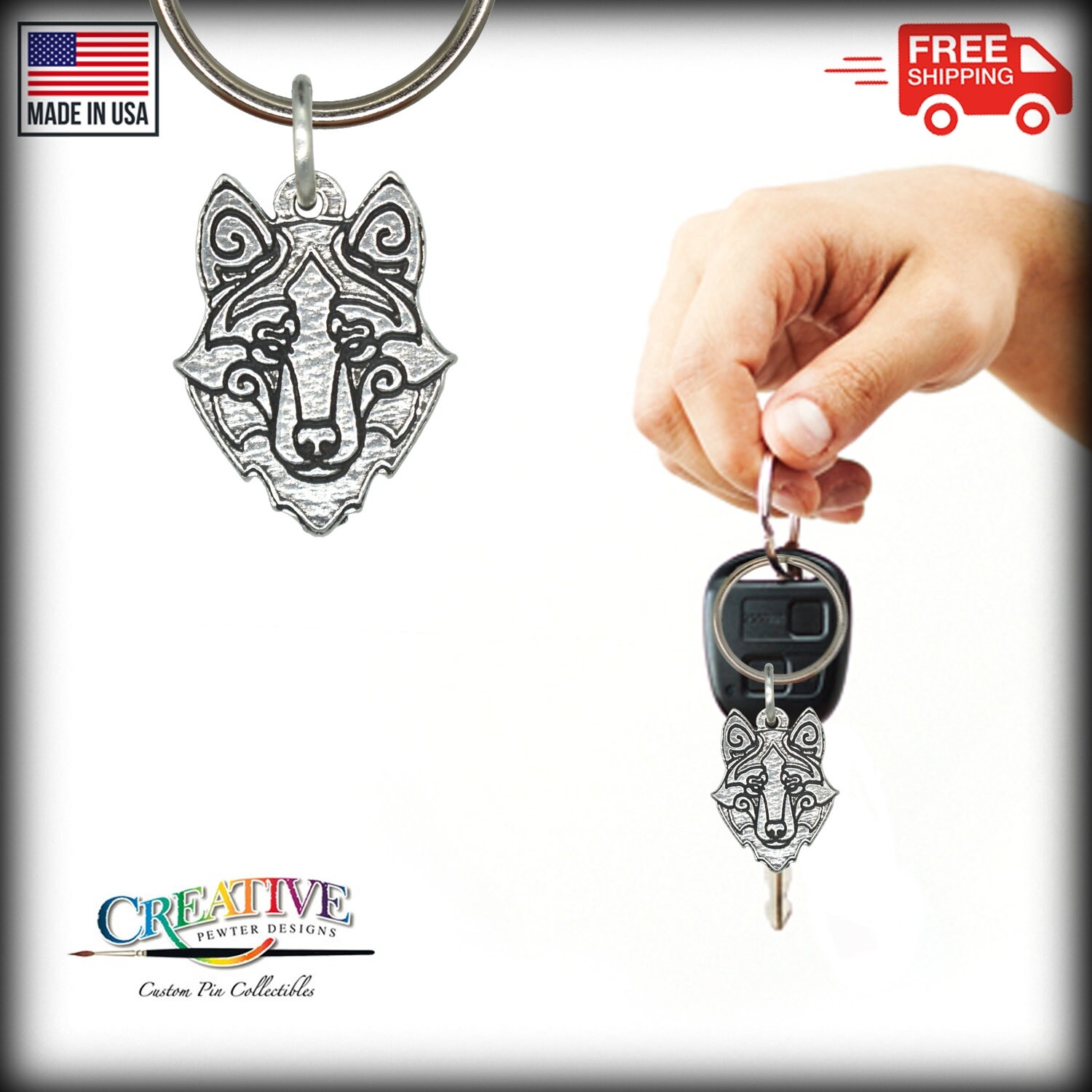 Wolf Head Keychain, G105KC, 1 1/4 Inch, Metal, Viking, Norse