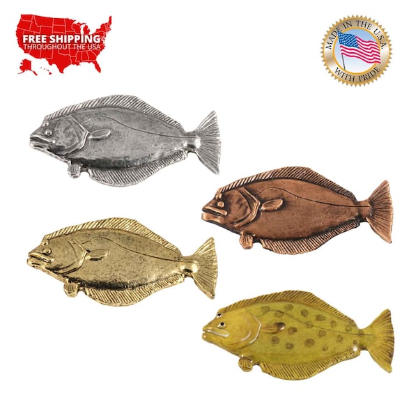 California Halibut Fish Pin, Pewter, Lapel, Hat, Pins, Brooch, Jewelry, Gift, Handmade in the USA, 200 Fish Designs Available. S062Z