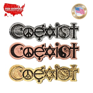May include: Three silver, copper, and gold-toned metal pins with the word "coexist" spelled out in raised letters. Each pin features a crescent moon, a peace sign, a female symbol, a Star of David, a yin-yang symbol, and a cross.