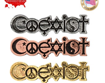 Coexist Pin, Pewter, Life, Co-exist, Faith, Peace, Lapel, Hat, Pins, Brooch, Brooches, Jewelry, Gift, Handmade in the USA. A251Z