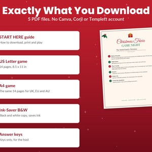 May include: A digital download set containing 5 PDF files for a Christmas Trivia Game Night. Includes a START HERE guide, US Letter game, A4 game, Ink-Saver black and white copy, and answer keys. No Canva, Corjl, or Templett account needed for these files.