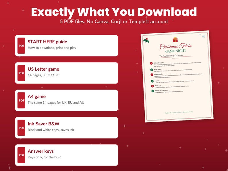 May include: A digital download set containing 5 PDF files for a Christmas Trivia Game Night. Includes a START HERE guide, US Letter game, A4 game, Ink-Saver black and white copy, and answer keys. No Canva, Corjl, or Templett account needed for these files.