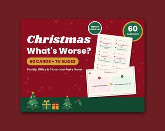 May include: A Christmas party game set titled Christmas What's Worse? featuring 60 cards and TV slides. The red background displays white snowflakes, green Christmas trees, and gift boxes. Includes printed question cards and a digital slide.