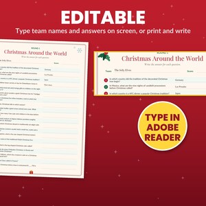 May include: An editable Christmas Around the World trivia game sheet with numbered questions and blank lines for answers. The document features holly graphics, red text, and a yellow circular badge that reads TYPE IN ADOBE READER.