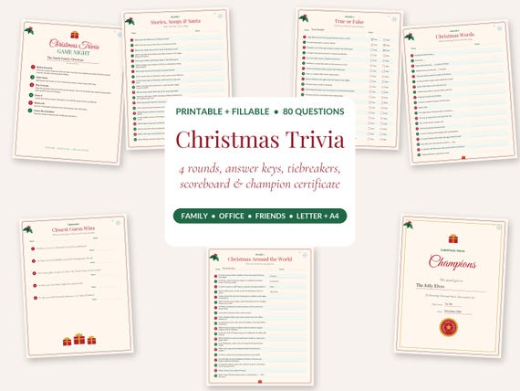 Christmas Trivia Game Printable, 80 Holiday Quiz Questions with Answer Keys, Family Christmas Party Game for Kids and Adults