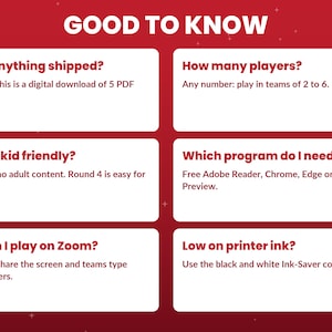 May include: A red informational graphic titled GOOD TO KNOW with six white rectangular boxes containing text about a digital game. The text covers topics like file format, player count, age appropriateness, software requirements, virtual play, and printer ink usage.