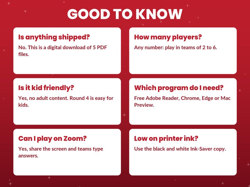 May include: A red informational graphic titled GOOD TO KNOW with six white rectangular boxes containing text about a digital game. The text covers topics like file format, player count, age appropriateness, software requirements, virtual play, and printer ink usage.