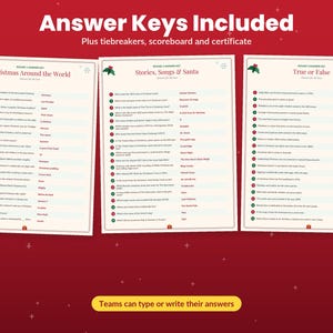 May include: Three white printable answer key sheets for a Christmas trivia game. The pages are titled Christmas Around the World, Stories, Songs & Santa, and True or False, featuring red text, numbered lists, and small holly icons.