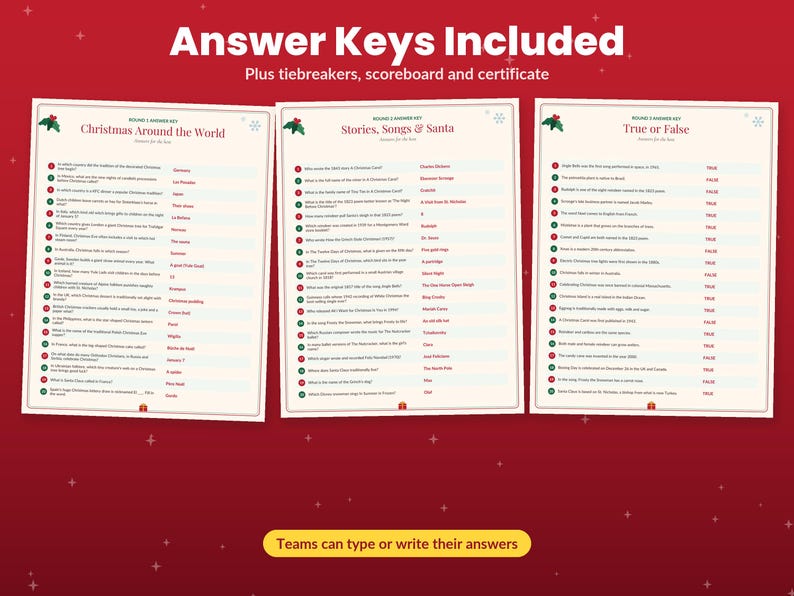 May include: Three white printable answer key sheets for a Christmas trivia game. The pages are titled Christmas Around the World, Stories, Songs & Santa, and True or False, featuring red text, numbered lists, and small holly icons.