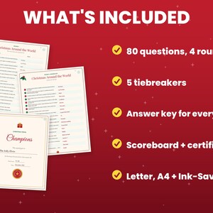 May include: A Christmas trivia game set on a red background featuring three printed sheets titled Christmas Around the World and a Champions certificate. Text includes 80 questions, 4 rounds, 5 tiebreakers, answer key, scoreboard, and certificate.