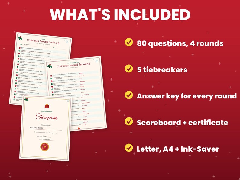 May include: A Christmas trivia game set on a red background featuring three printed sheets titled Christmas Around the World and a Champions certificate. Text includes 80 questions, 4 rounds, 5 tiebreakers, answer key, scoreboard, and certificate.