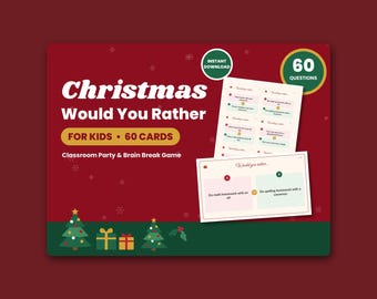 May include: A Christmas Would You Rather game for kids featuring 60 cards. The red background displays white snowflakes, two Christmas trees, and two gift boxes. Text includes "Christmas Would You Rather", "FOR KIDS", "60 CARDS", and "Classroom Party & Brain Break Game".