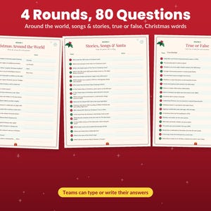 May include: A Christmas trivia game set featuring 4 rounds and 80 questions across three printed sheets. The sheets include sections titled Christmas Around the World, Stories, Songs & Santa, and True or False with checkboxes for answers.