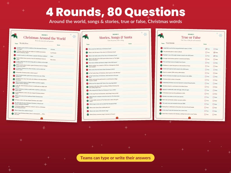 May include: A Christmas trivia game set featuring 4 rounds and 80 questions across three printed sheets. The sheets include sections titled Christmas Around the World, Stories, Songs & Santa, and True or False with checkboxes for answers.
