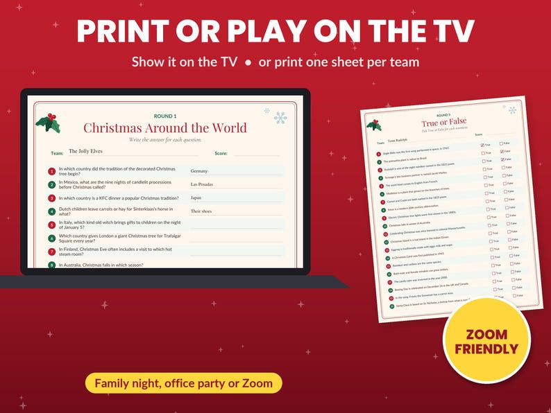 May include: A Christmas trivia game set featuring a digital display on a monitor and a printed sheet. The text reads PRINT OR PLAY ON THE TV, Christmas Around the World, True or False, and ZOOM FRIENDLY. The design includes holly icons.