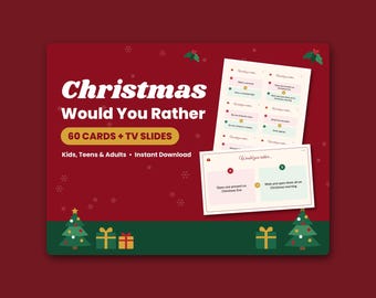 May include: A Christmas Would You Rather game set featuring 60 cards and TV slides. The dark red background displays white text, Christmas trees, and gift boxes. Two white cards show game questions with options A and B in pink and green boxes.
