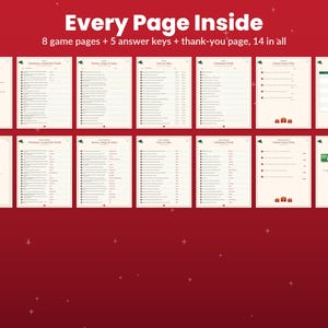 May include: A collection of 14 printable Christmas game sheets displayed on a red background. The set includes 8 game pages, 5 answer keys, and a thank-you page. Each page features text, lists, and small holiday-themed graphics.