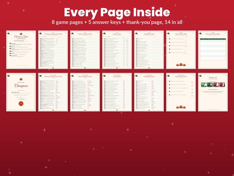 May include: A collection of 14 printable Christmas game sheets displayed on a red background. The set includes 8 game pages, 5 answer keys, and a thank-you page. Each page features text, lists, and small holiday-themed graphics.