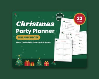 May include: A digital Christmas Party Planner set featuring 23 pages of editable templates including an invite, menu, food labels, place cards, and games. The design displays white text on a dark green background with holiday icons like trees and gifts.