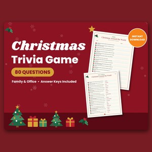 May include: A Christmas trivia game set on a dark red background with white snowflakes. The text reads Christmas Trivia Game, 80 Questions, Family & Office, Answer Keys Included, and Instant Download. Two game sheets are displayed.