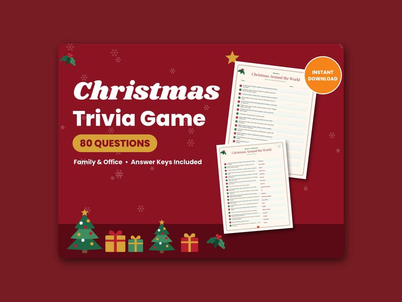 May include: A Christmas trivia game set on a dark red background with white snowflakes. The text reads Christmas Trivia Game, 80 Questions, Family & Office, Answer Keys Included, and Instant Download. Two game sheets are displayed.