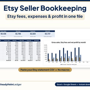 Etsy Seller Bookkeeping Spreadsheet, Etsy Fee Tracker & Profit Calculator, Google Sheets Excel, Etsy CSV Import, Shop Expense Log