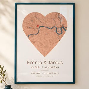Mapa donde todo comenzó, Mapa donde nos conocimos, Mapa personalizado, Regalo de aniversario de papel para parejas, Mapa de corazón personalizado, Regalo de compromiso
