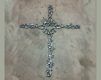 Hand Forged Steel Scroll Cross, Natural Silver Finish (48"H)