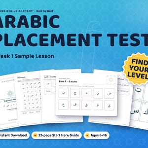 Puede incluir: Un documento educativo digital titulado Arabic Placement Test + Week 1 Sample Lesson de Growing Genius Academy. El conjunto incluye varias páginas blancas con letras árabes, sopas de letras y ejercicios, con una insignia amarilla que dice Find Your Level.