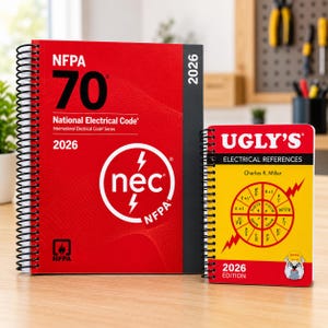 May include: A red spiral-bound NFPA 70 National Electrical Code 2026 book next to a smaller yellow and red spiral-bound Ugly's Electrical References 2026 edition book. Both books feature technical text and electrical symbols on their covers.