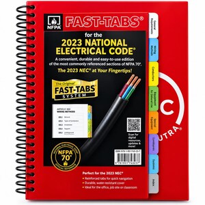May include: A red spiral-bound reference book titled Fast-Tabs for the 2023 National Electrical Code. The cover features a black graphic with a black electrical cable, a QR code, and a barcode. Multi-colored index tabs extend from the right side.