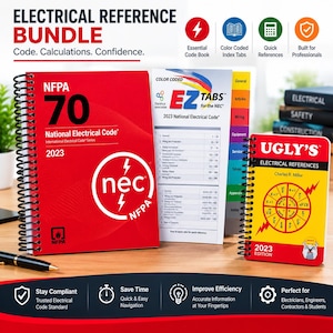 May include: An electrical reference bundle featuring the 2023 NFPA 70 National Electrical Code book with a red cover, a set of color-coded EZ Tabs for the NEC, and the 2023 Ugly's Electrical References book with a yellow cover.