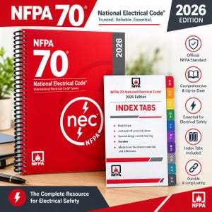 May include: The 2026 edition of the NFPA 70 National Electrical Code book with a red cover and black spiral binding, accompanied by a set of colorful adhesive index tabs. The cover features white text and the nec logo with a lightning bolt.